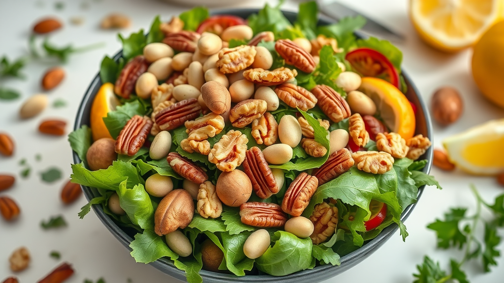 Vibrant salad bowl featuring walnuts, pistachios, and pecans for diversity and balanced health benefits.
