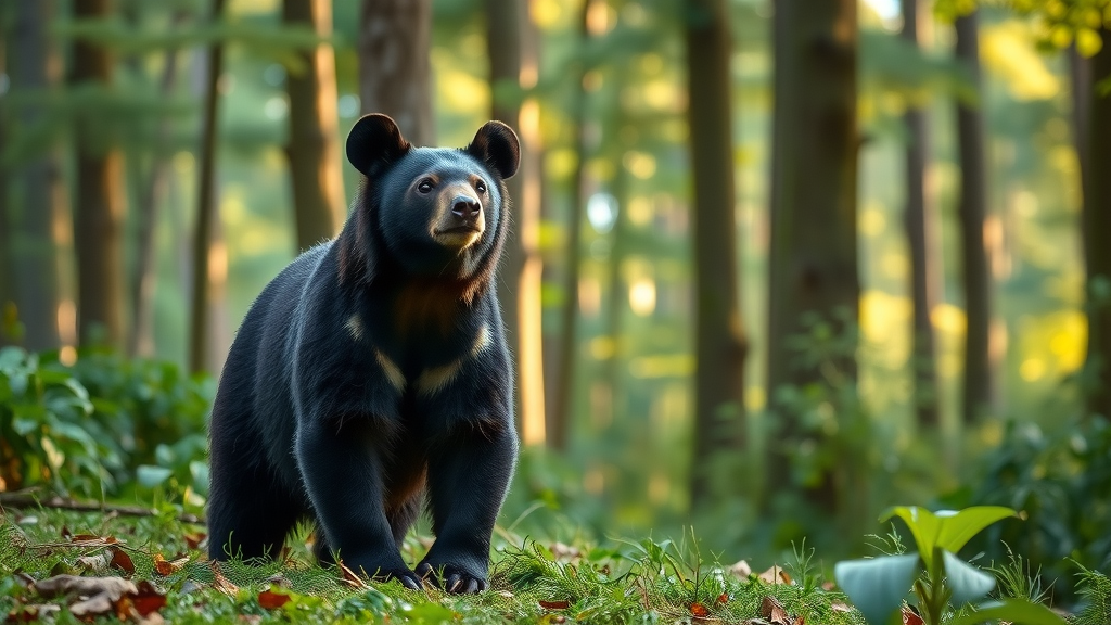 Curious black bear in North Carolina forest, alert and standing on all fours amid lush green woodland, photorealistic detail, black bear activity in north carolina
