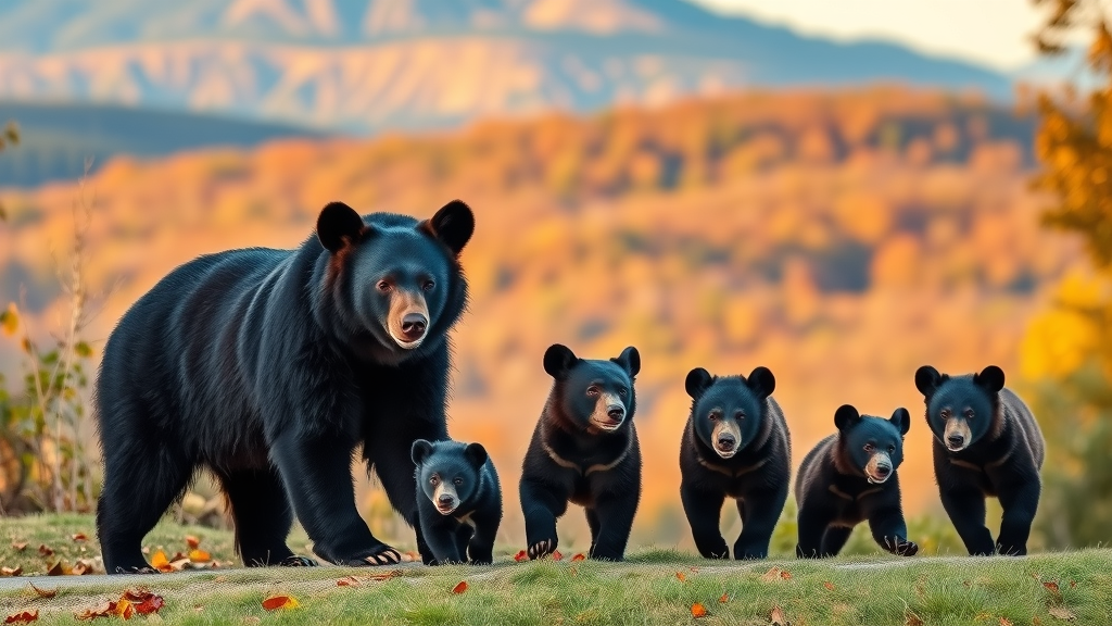 Black bear family in North Carolina habitats with adults and cubs traversing both mountainous and coastal environments, black bear activity in north carolina