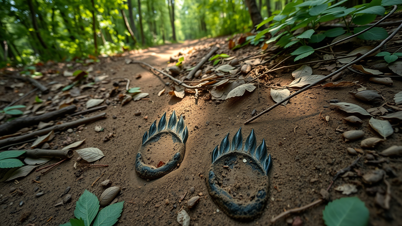 Close-up of black bear paw prints and scat on a North Carolina forest trail, bear tracks, black bear activity in north carolina