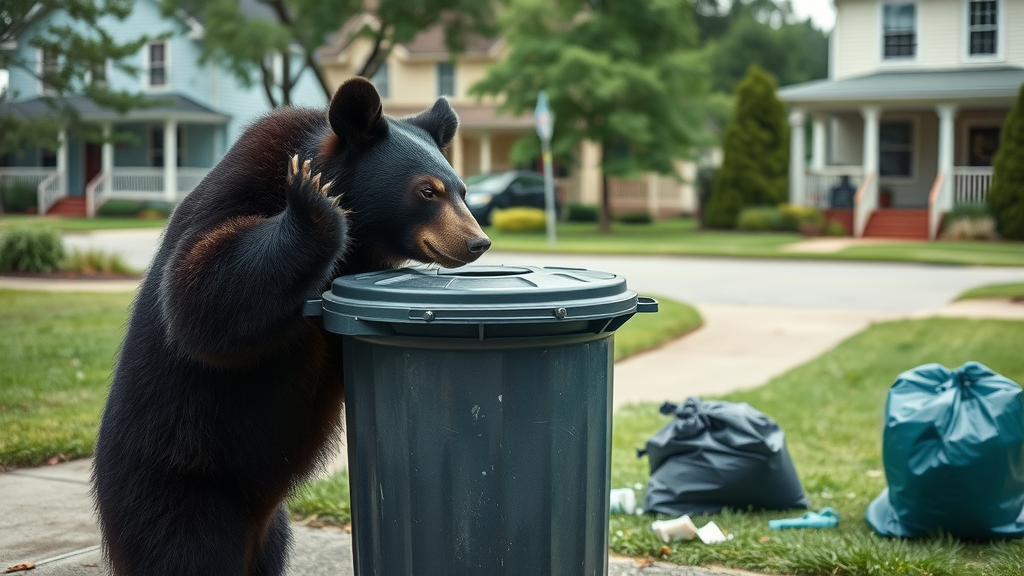 Black bear rummaging through suburban garbage bin in North Carolina, black bear activity in north carolina, suburban wildlife