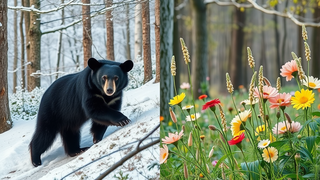 Black bear in snowy North Carolina forest in winter, then foraging among wildflowers in spring, illustrating seasonal black bear activity in north carolina