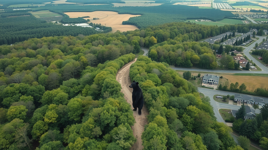 Aerial view of black bear roaming mixed North Carolina landscapes, showing the home range from forests to suburban edges, black bear activity in north carolina