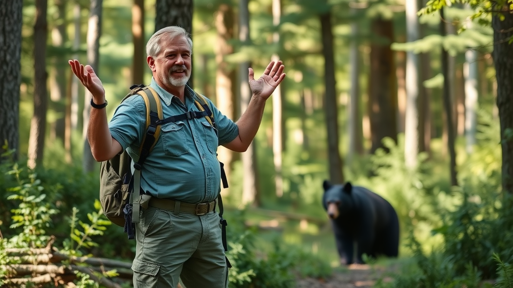 Experienced hiker calmly encountering a black bear in North Carolina forest, how to respond to black bear activity in north carolina