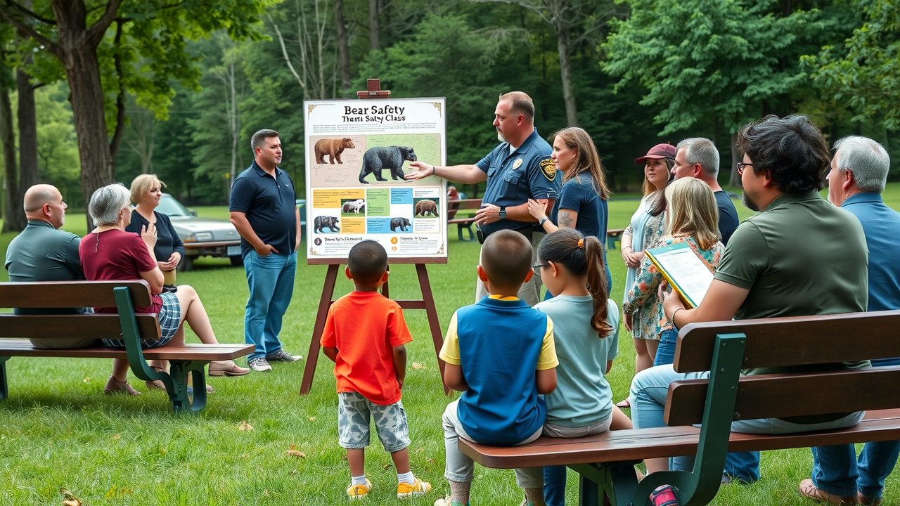 North Carolina wildlife officer leading a bear safety class outdoors, black bear activity in north carolina, community education