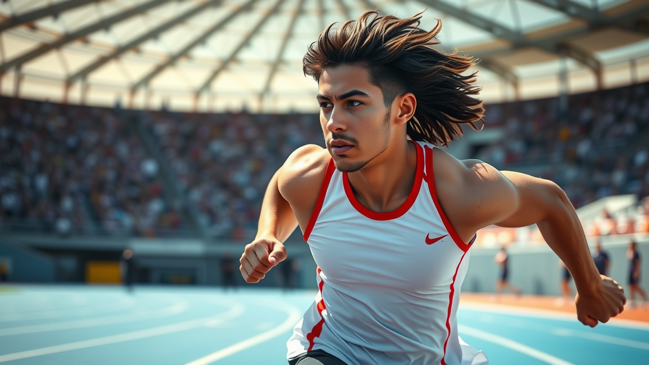 Focused young athlete training on a track during mental training for athletes, running mid-stride in a stadium