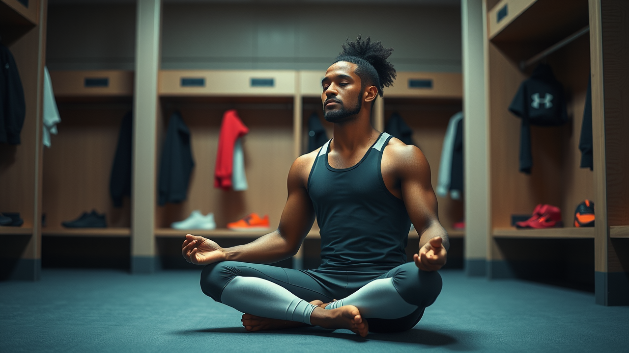 Elite athlete meditating before competition, practicing mental skills for mental training in a locker room