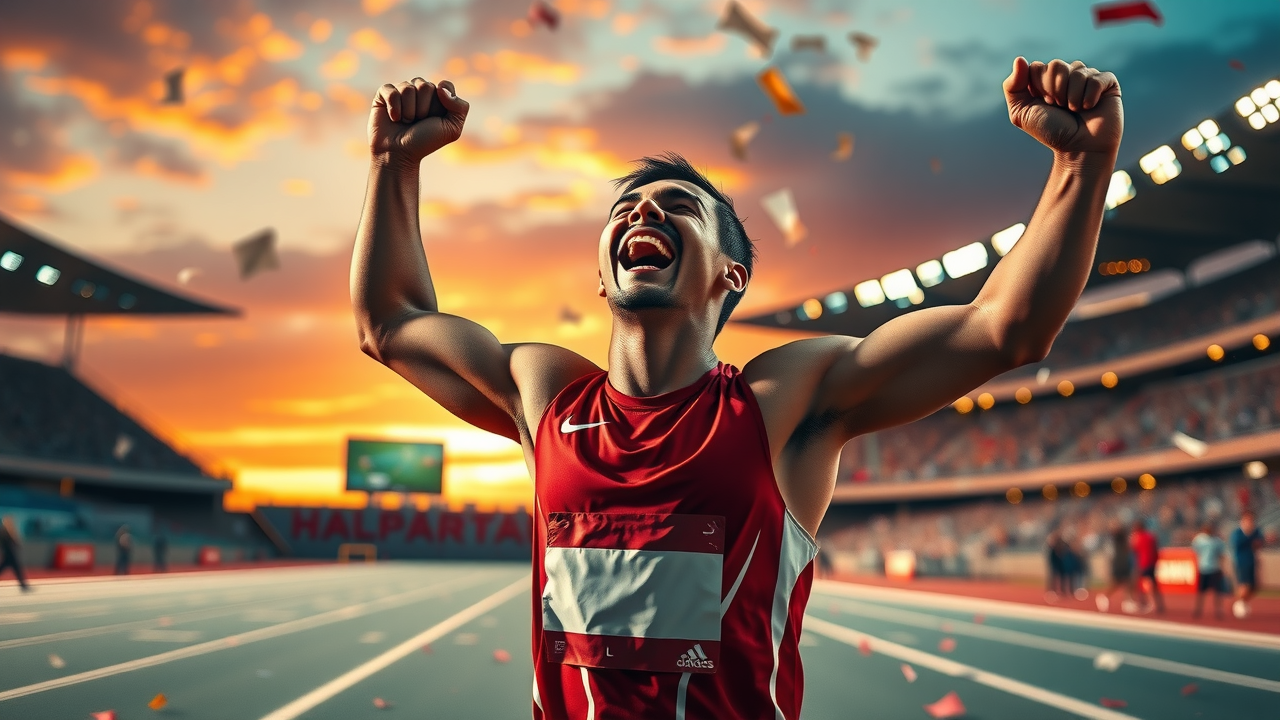 Victorious athlete after successful performance, celebrating mental training and peak athletic achievement