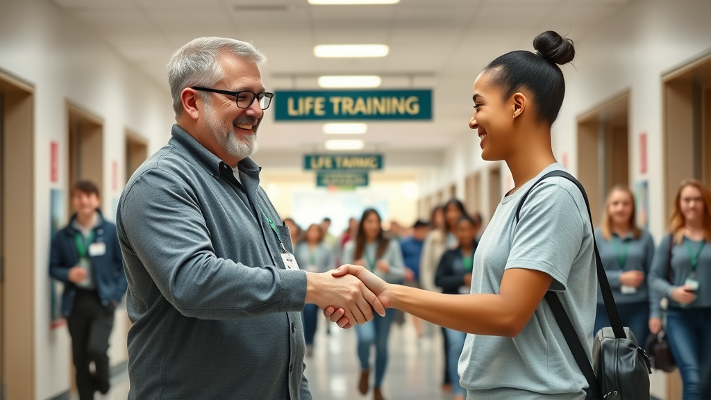 happy adult and student shaking hands in a school hallway after completing resilience training programs north carolina