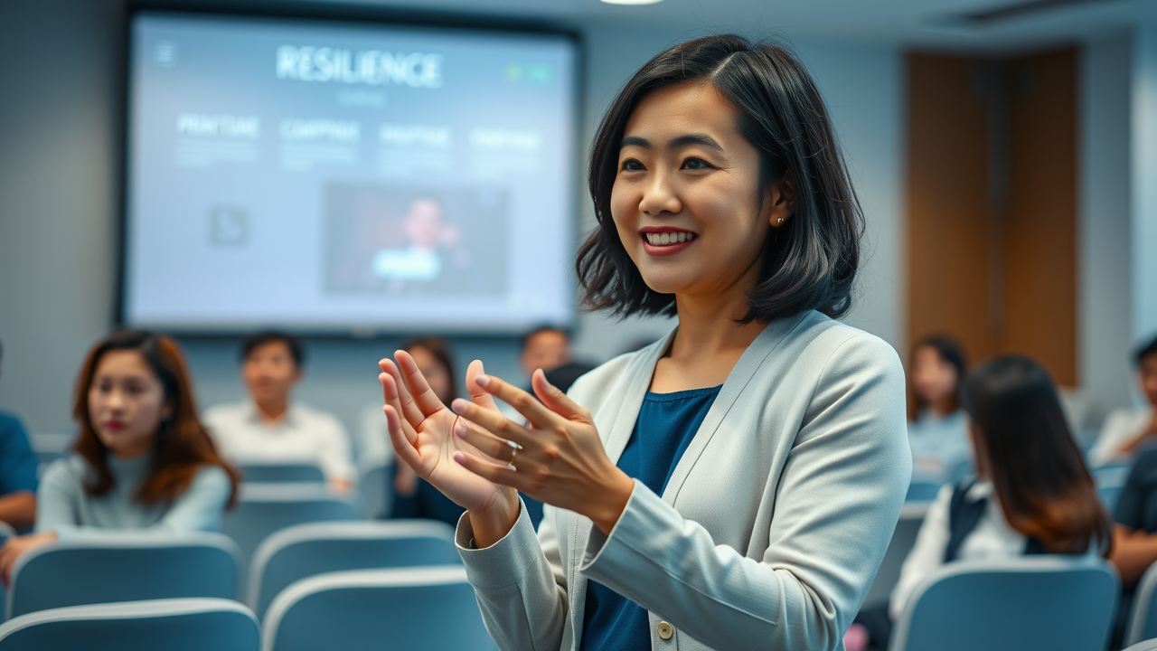 dedicated psychologist giving a resilience training workshop in north carolina, seminar room