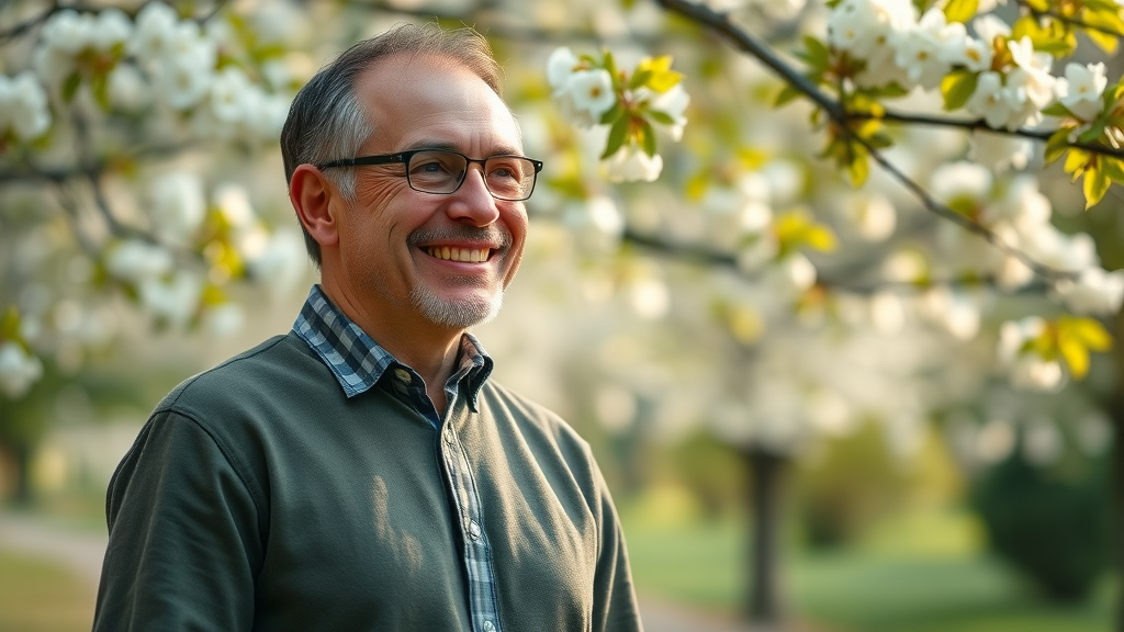 smiling resilient adult reflecting on growth in a peaceful North Carolina park after completing resilience training