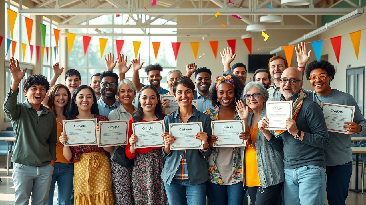 diverse group celebrating graduation from resilience training programs north carolina, community center with certificates