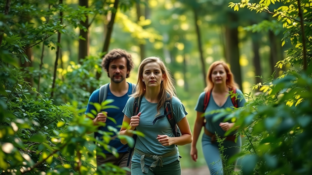 Blue Ridge Parkway hiking safety tips - group hiking on forest trail, lush greenery and morning light