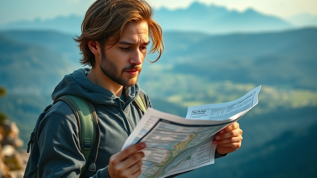 Blue Ridge Parkway safety tips - hiker reviewing trail map with safety checklist on mountaintop overlook