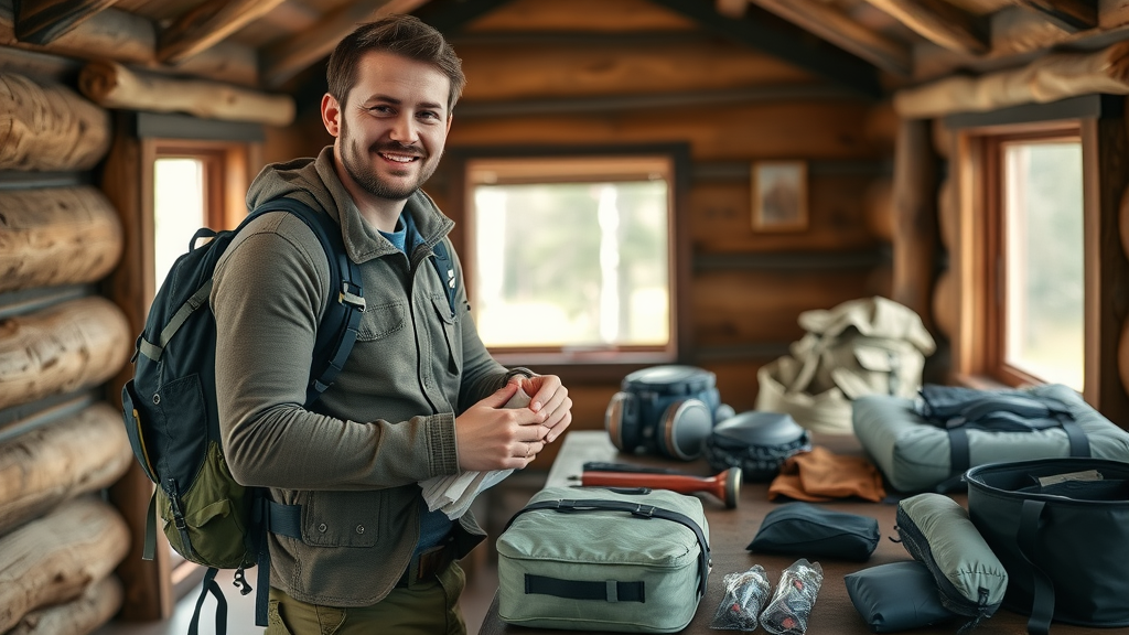 Blue Ridge Parkway safety tips - prepared hiker packing essential hiking gear inside rustic cabin