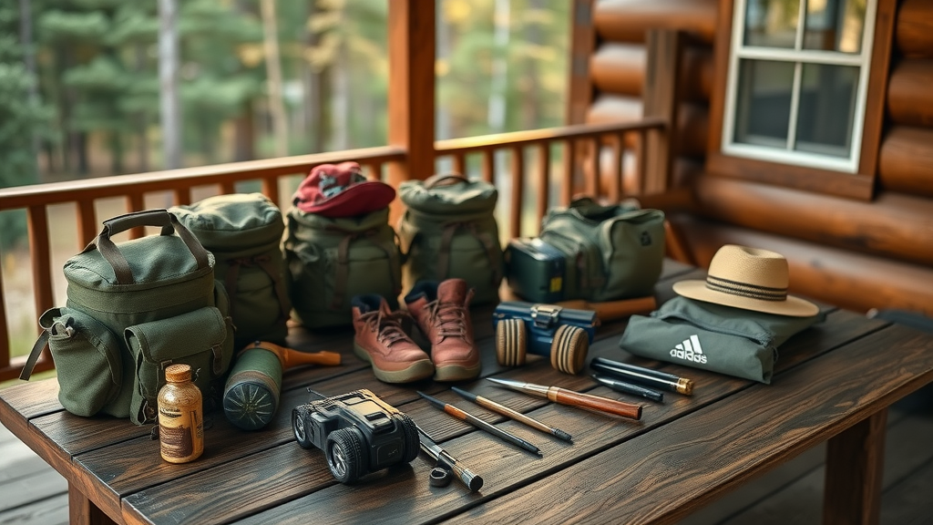 Essential Blue Ridge Parkway hiking safety gear - neatly arranged gear, forest background, morning light