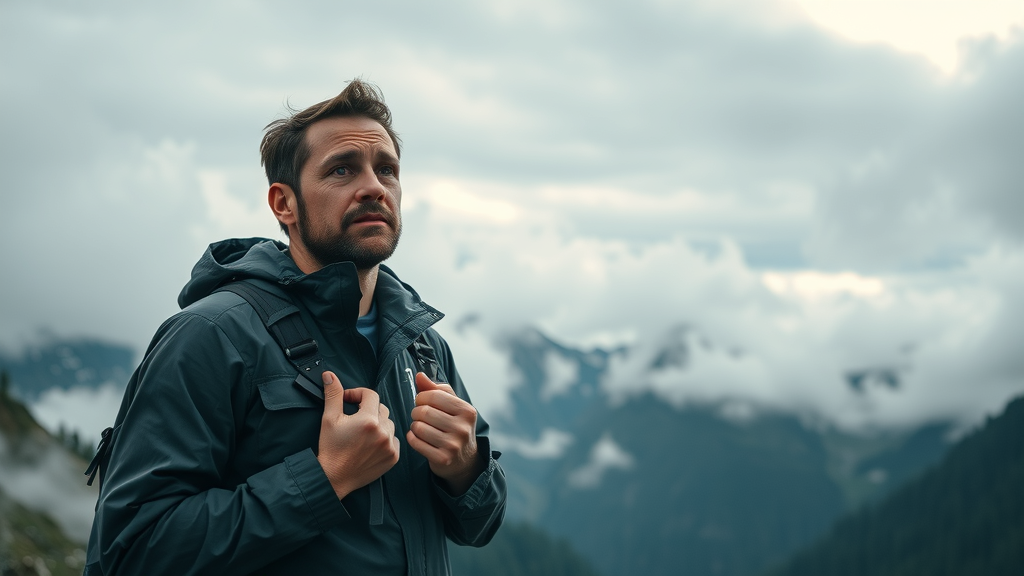 Blue Ridge Parkway weather safety tips - hiker checking sky with rain jacket, misty mountains in background