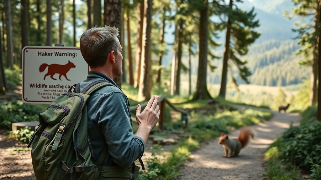 Blue Ridge Parkway safety tips - hiker pausing at wildlife warning sign, forested trail