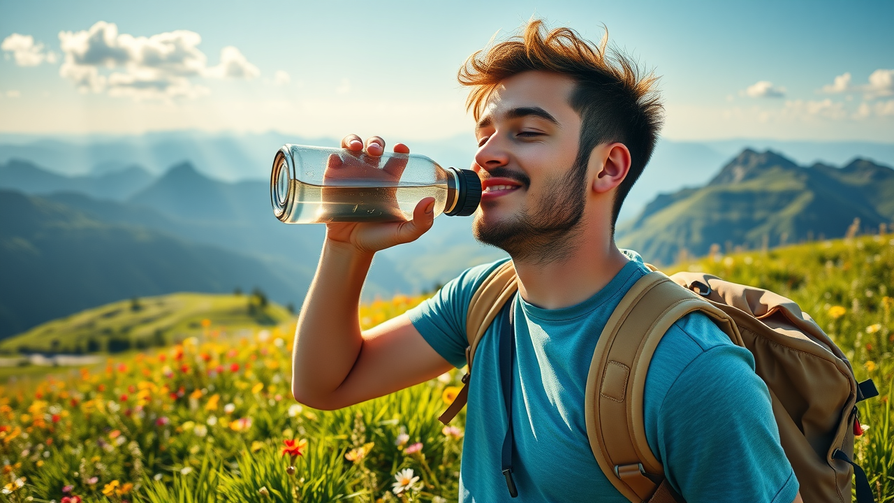 Blue Ridge Parkway safety tips - hydrated hiker drinking water on mountain trail, sunlit meadow