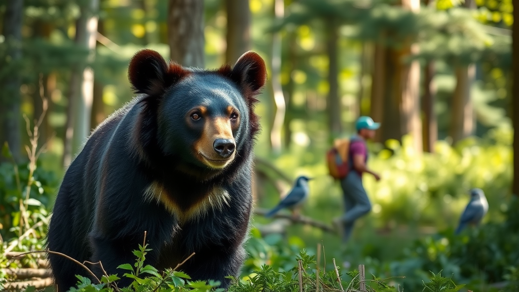 Wildlife safety on Blue Ridge Parkway - black bear safely foraging near distant hikers in forest clearing