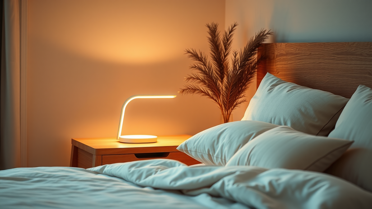 calm bedroom with light therapy lamp for better sleep, glowing softly on nightstand