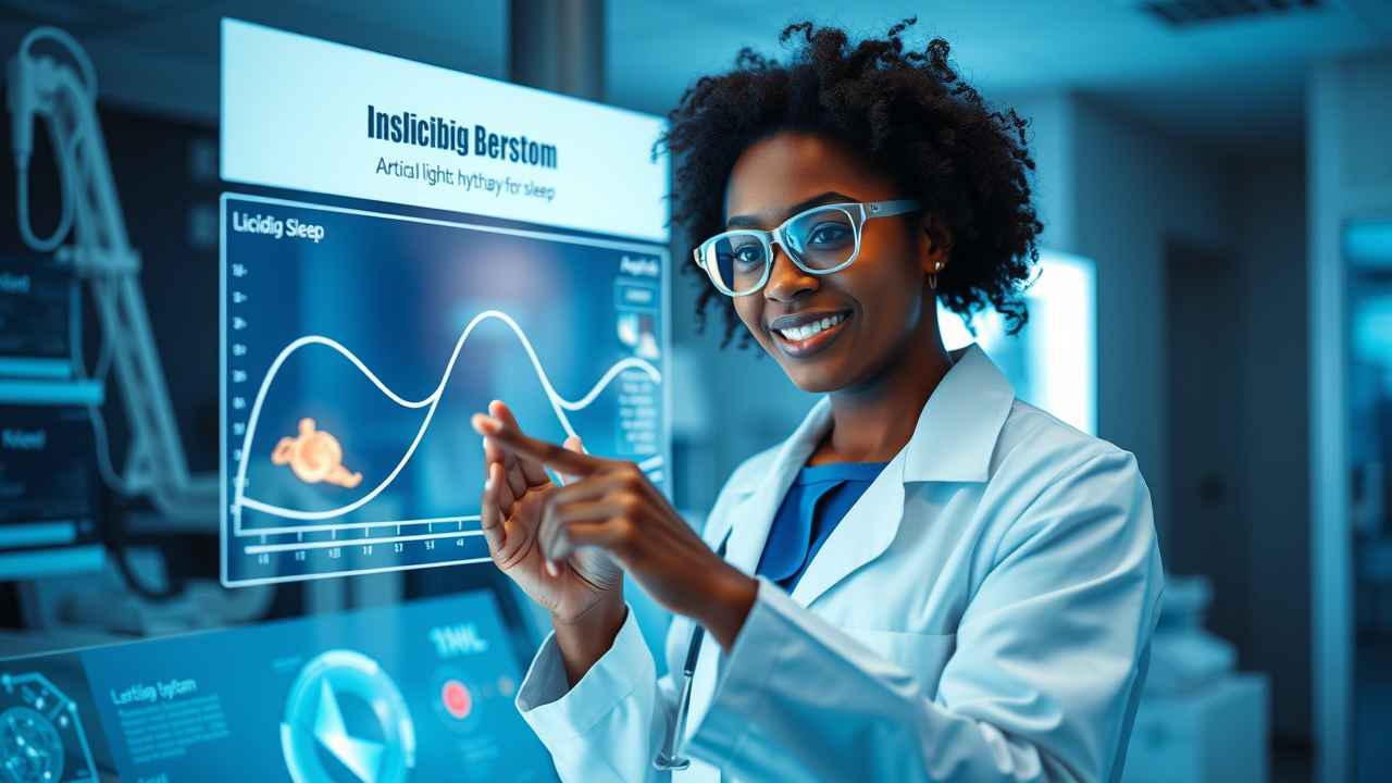 scientist explaining light therapy effects on sleep and circadian rhythm in lab setting