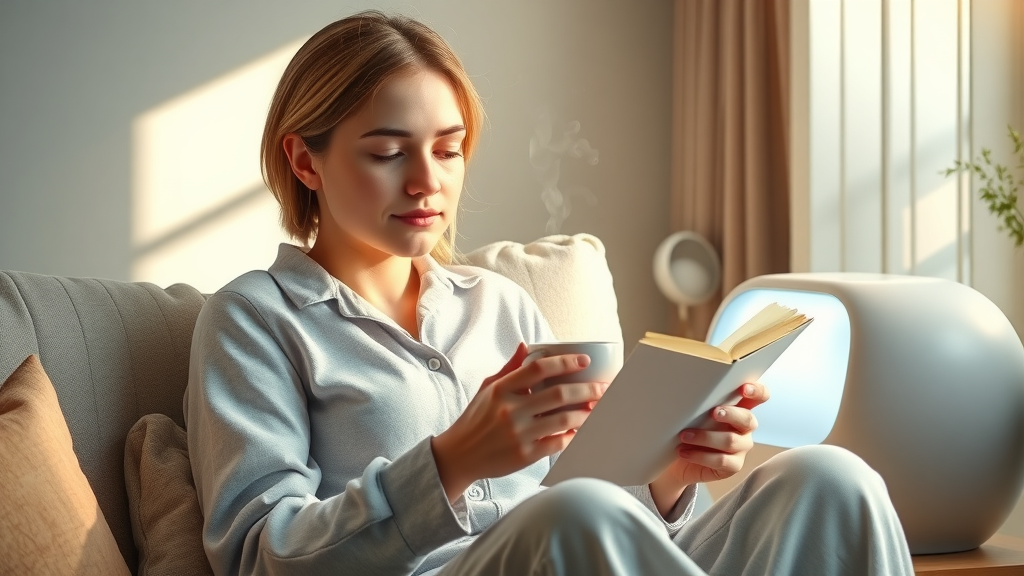 person enjoying morning light therapy for better sleep with light box and book