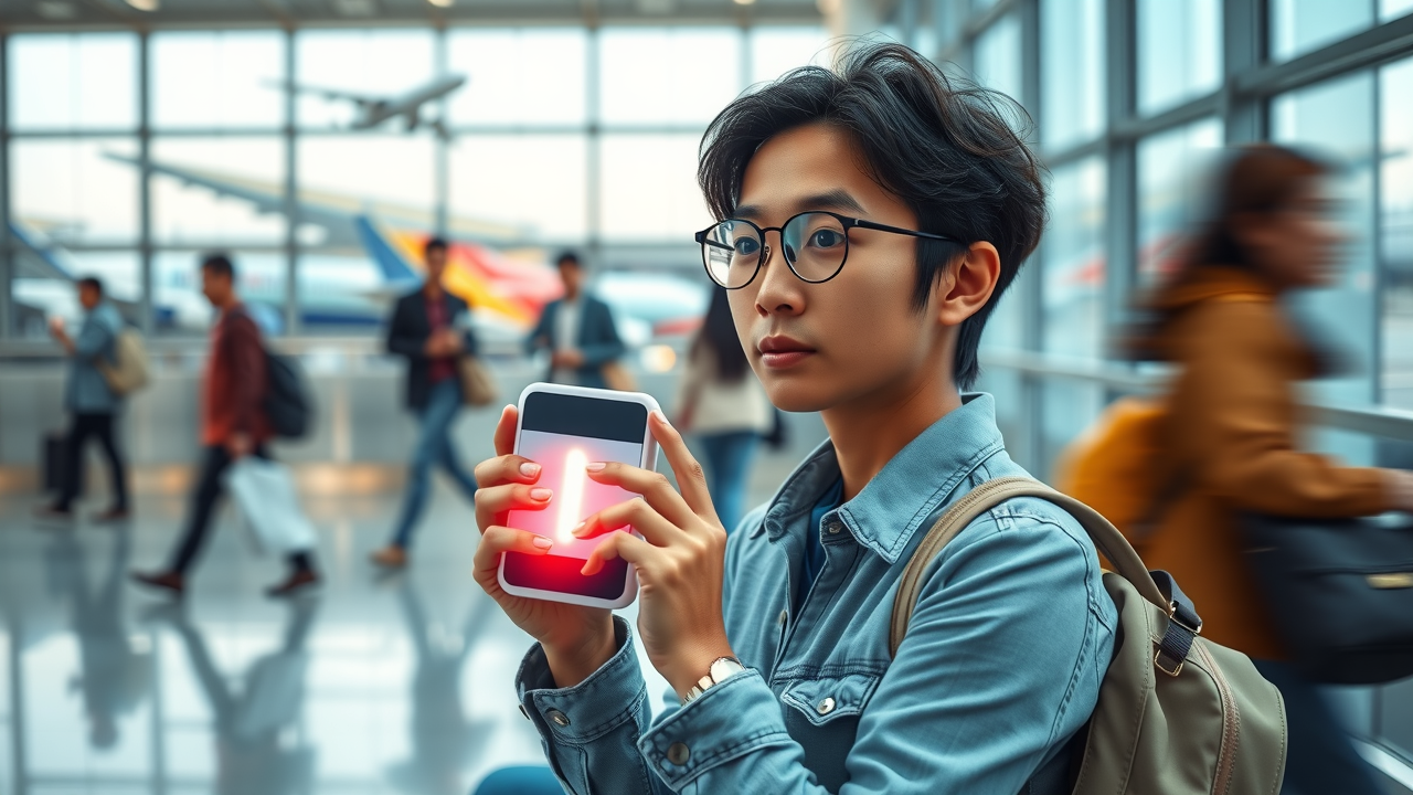 traveler using compact bright light therapy device for jet lag in airport lounge