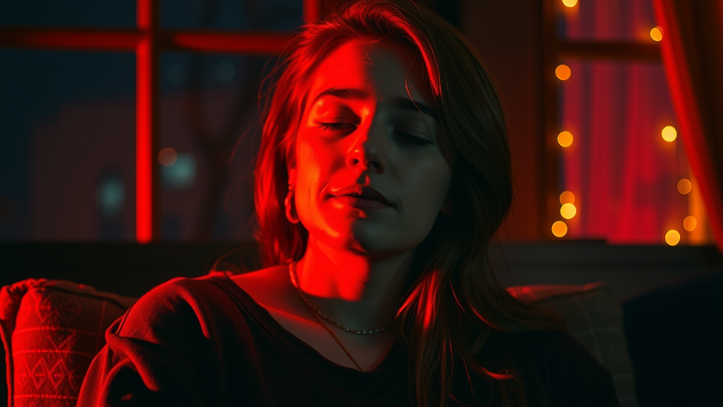 calm person enjoying red and amber light therapy for better sleep at night