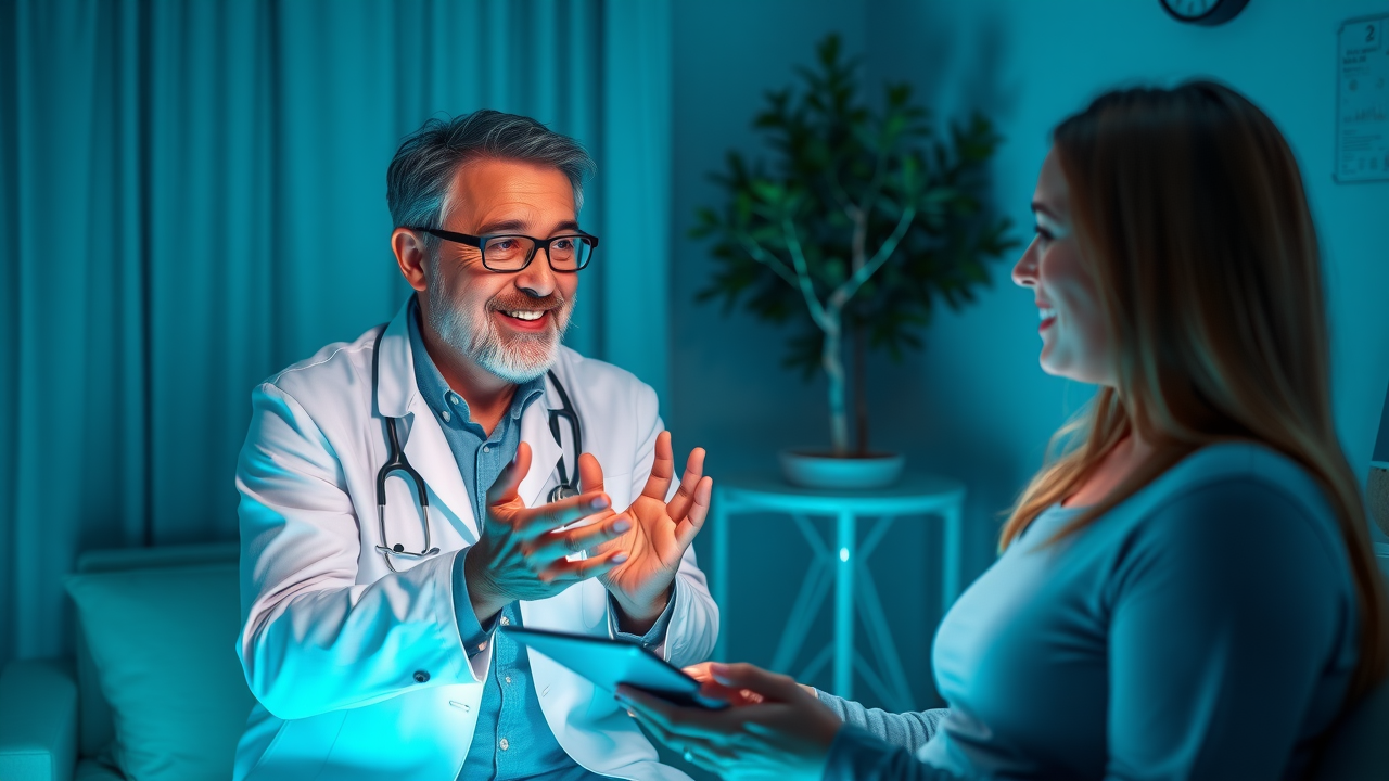 expert consulting patient about light therapy for sleep improvement, digital sleep charts in background