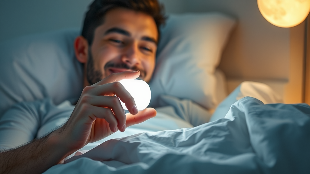 relaxed person turning off light therapy device before sleep, serene bedtime setting