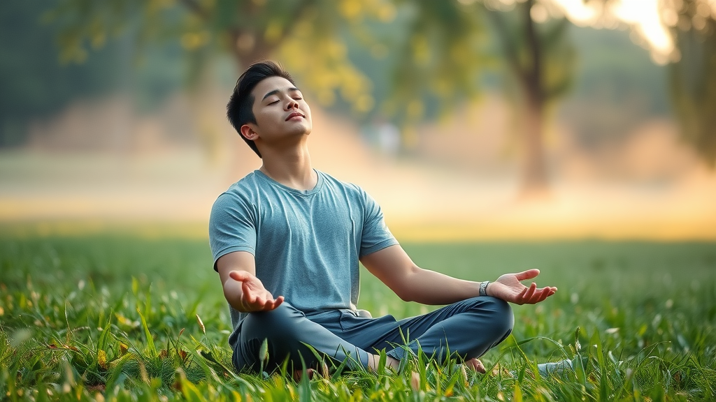 Mind body connection in fitness - man practicing breathwork, meditation in a peaceful park