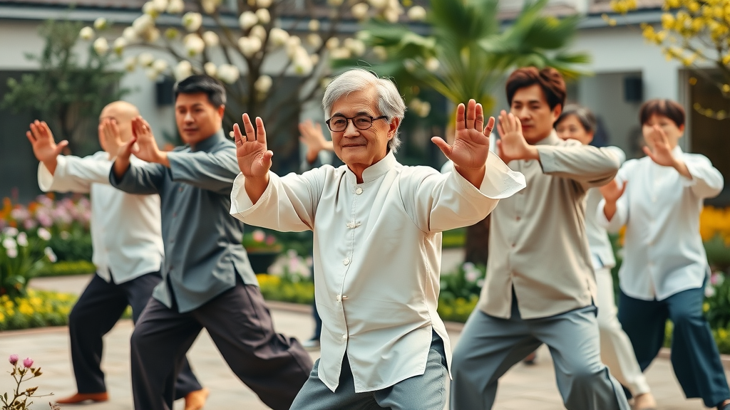 Group practicing Tai Chi, cultivating mind body connection in fitness, garden environment