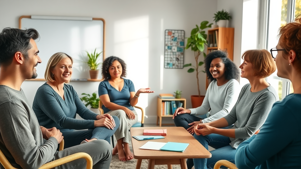 Fitness coach leading group therapy exploring mind body connection in fitness, comfortable room