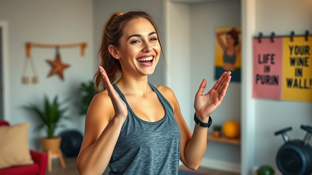 Woman celebrating fitness breakthrough using mind body connection in fitness, at-home gym