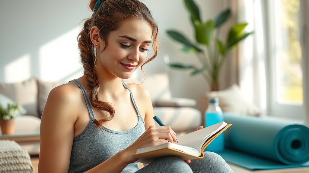 Focused young woman journaling post-workout, reflecting on fitness progress and mind body connection