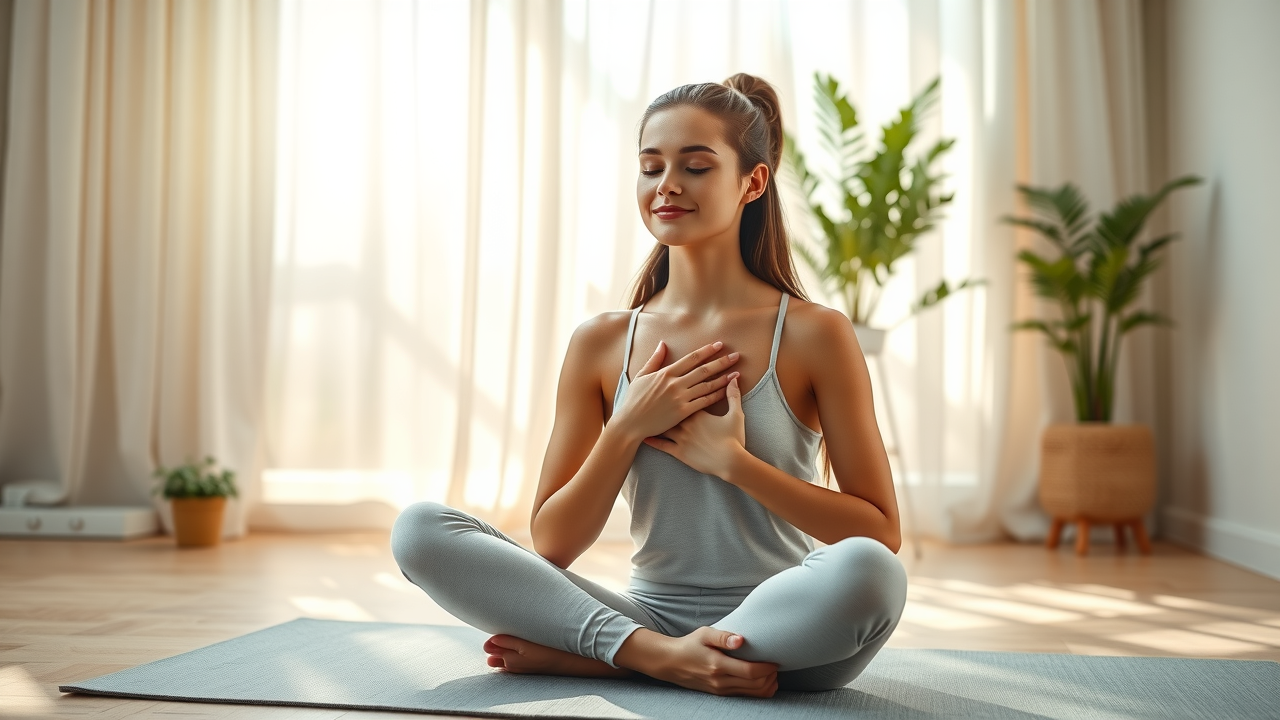 Serene adult reflecting on mental health benefits of mind body connection in fitness, post-yoga relaxation in home gym