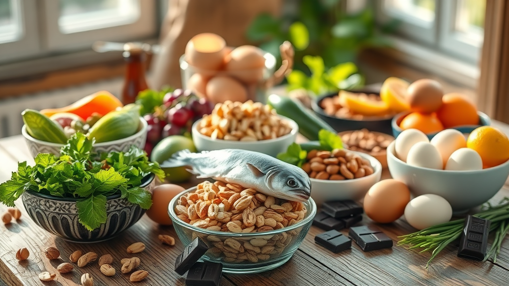 A cheerful variety of fresh foods for seasonal depression, featuring leafy greens, fatty fish, nuts, citrus fruits, eggs, and dark chocolate artfully arranged on a rustic wooden tabletop with sunlight streaming, styled in vibrant colors and natural textures.
