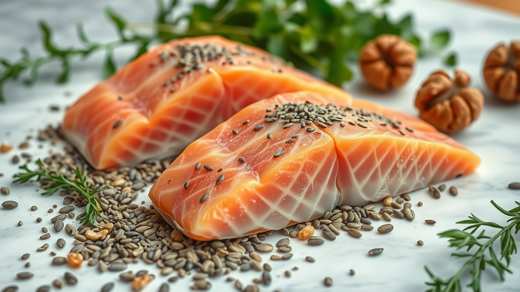 Fresh salmon, sardines, chia seeds, and walnuts arranged for healthy meal prep, promoting fatty acids beneficial for seasonal depression, styled on a marble counter with uplifting natural light and vibrant details.
