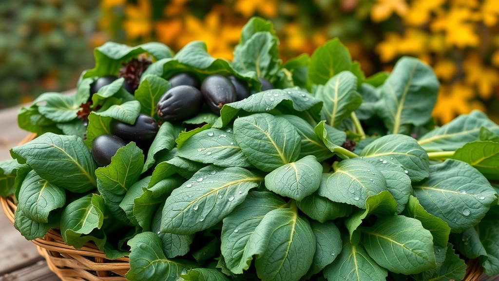 Bountiful spinach, kale, and Swiss chard fresh in a farmer’s market basket, showcasing leafy greens rich in folic acid and mood-boosting nutrients for mental health support outdoors in natural light.