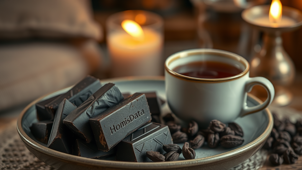 Artisanal dark chocolate squares on a plate with cocoa nibs and herbal tea, evoking comfort and mood-boosting effects for seasonal depression in a cozy living room setting.