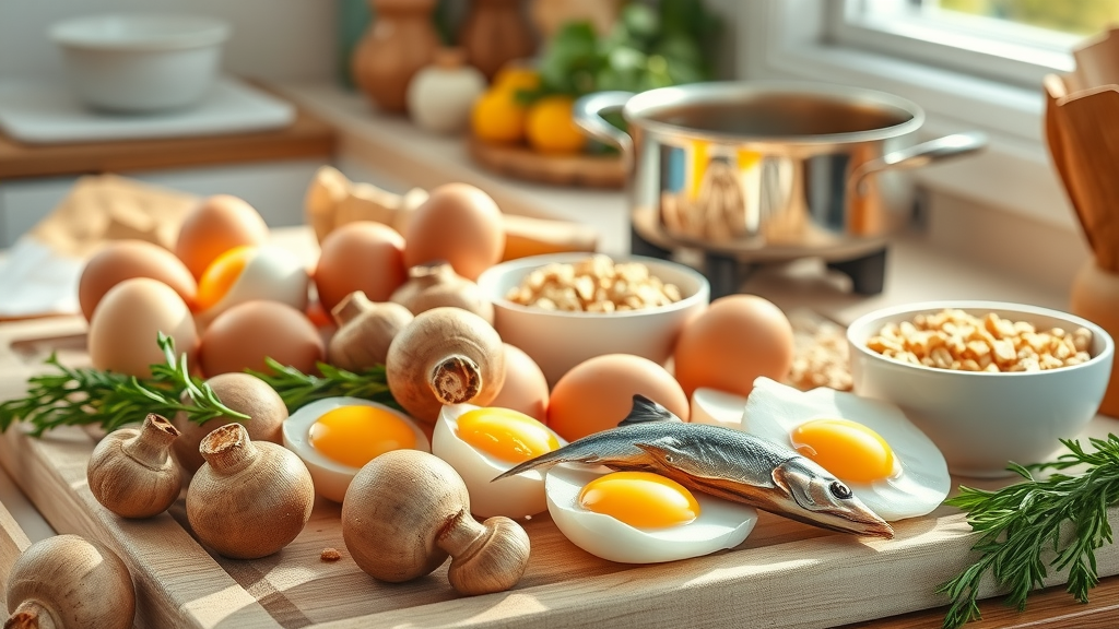 Eggs, mushrooms, fortified cereal, and fatty fish beautifully displayed for a vitamin D-rich breakfast that supports mental health during seasonal depression in a bright kitchen.