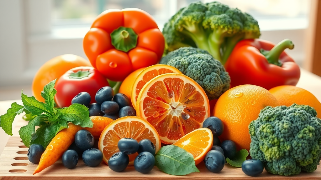 Blueberries, oranges, bell peppers, and broccoli arranged for antioxidant-rich mental health support against seasonal depression, styled in a sunlit kitchen with vibrant clarity.