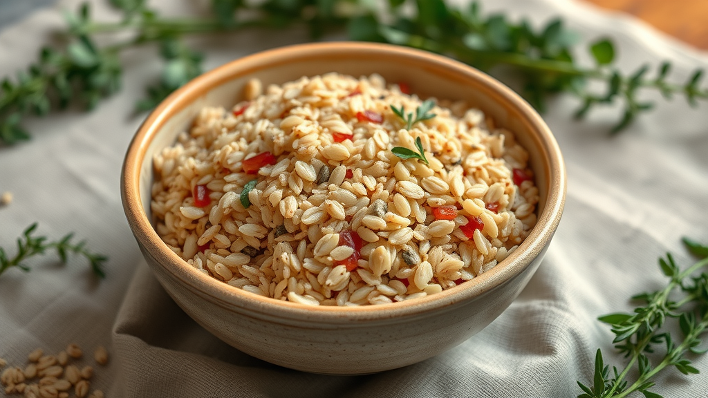 Rustic bowl of steamed brown rice, quinoa, and oats emitting gentle steam, symbolizing complex carbohydrates that support energy and mood during seasonal depression, styled with earthy tones and fresh herbs.