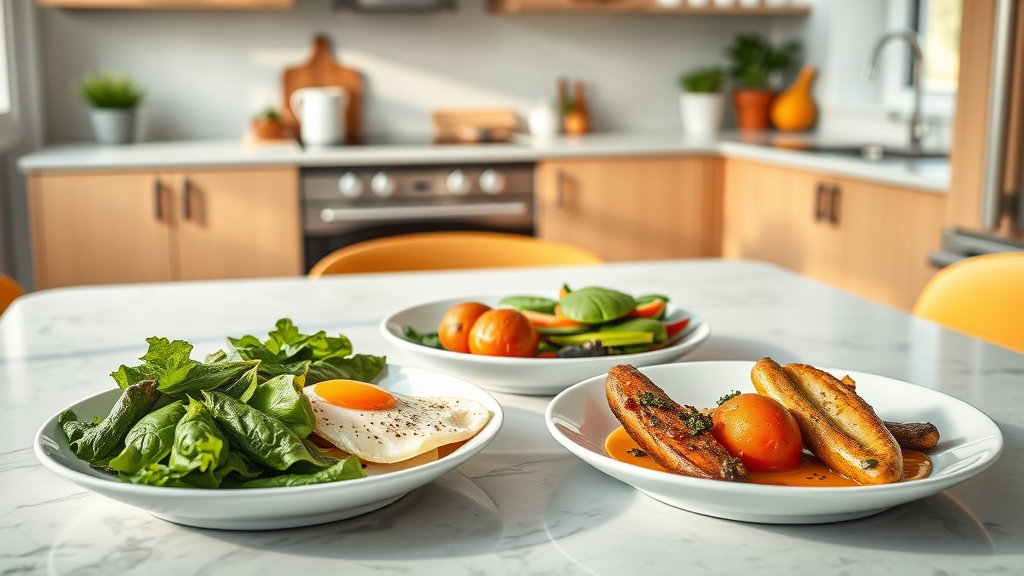 A trio of plated meals: omega-3-rich breakfast, leafy greens lunch, antioxidant-rich dinner, styled vibrantly on a table with visible steam and sunlight, featuring foods that help with seasonal depression.