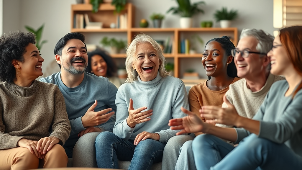 Cheerful group of diverse people laughing together about daily jokes, joyful expressions, cozy living room, laughter, bookshelves, warm daylight, Canon EF 35mm f/1.4 lens