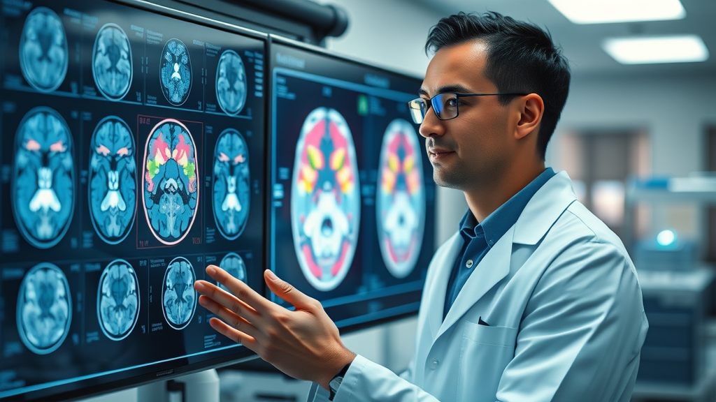 Scientist examining a brain scan showing effects of daily jokes on laughter and dopamine release, EEG imagery, modern neuroscience lab, dynamic colorful overlays, Sony FE 50mm f/1.8 lens
