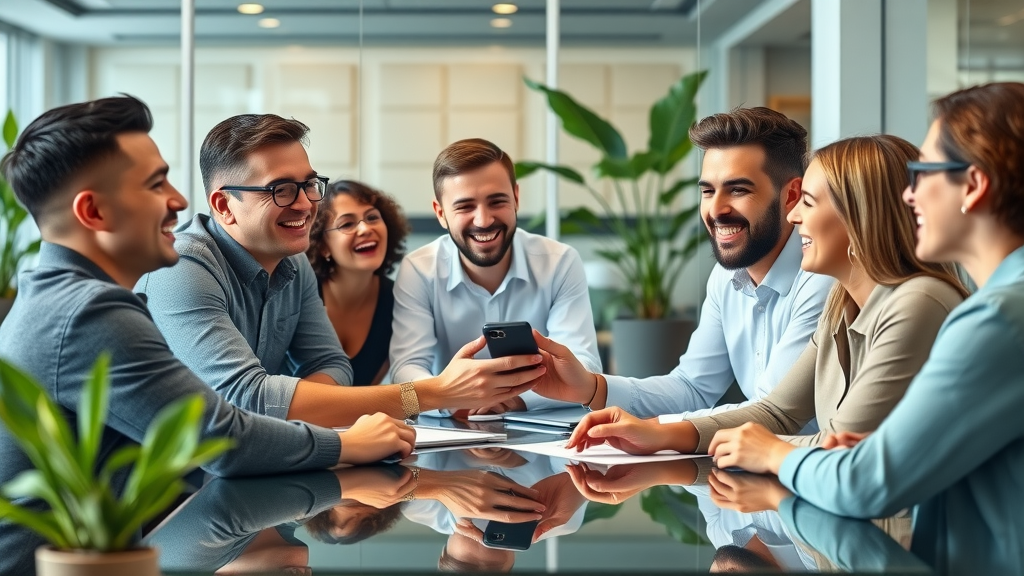 Office team enjoying a joke together, smiling around conference table, daily jokes boosting workplace happiness, modern office, Nikon 24-70mm f/2.8 lens