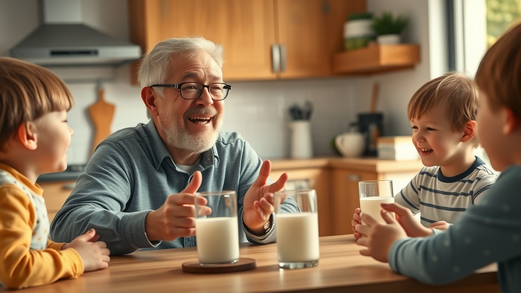 Lighthearted parent telling a dad joke to children at a kitchen table, daily jokes for kids, playful, Canon RF 85mm f/1.2 lens