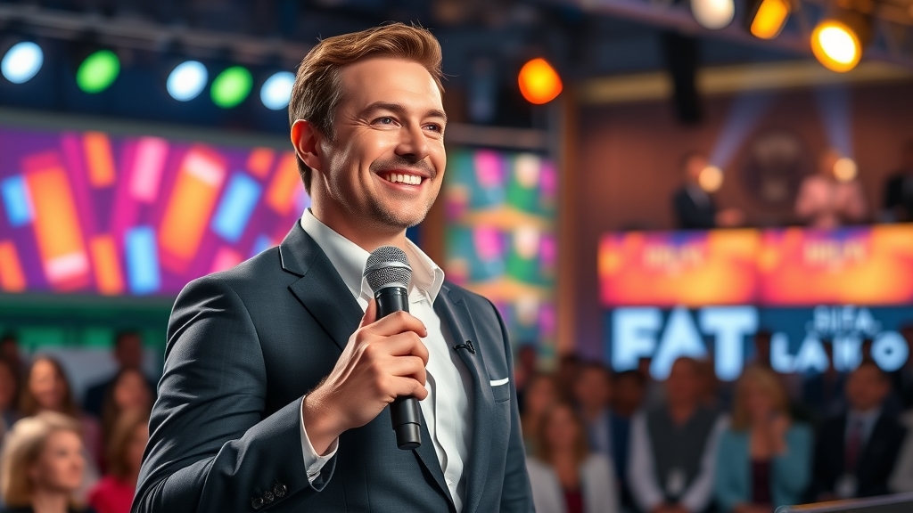 Charismatic TV host smiling at the audience, ready for a daily joke, colorful television studio, Sigma Art 50mm f/1.4 lens